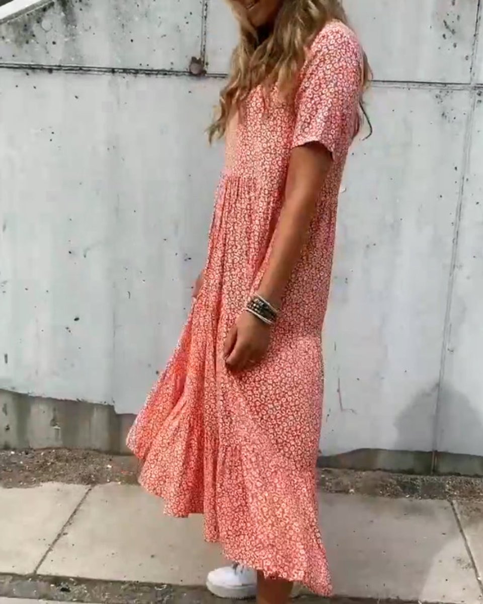 Women's Floral Short Sleeve Tiered Fall Midi Dress