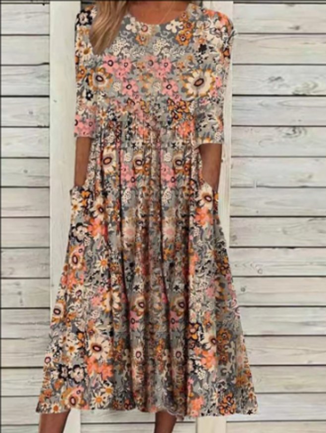 Women's Floral Short-Sleeve Tiered Fall Midi Dress