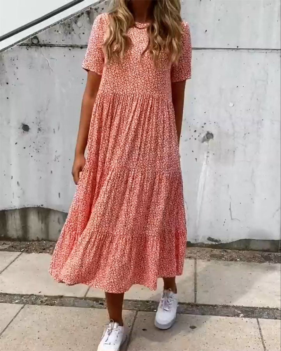 Women's Floral Short Sleeve Tiered Fall Midi Dress