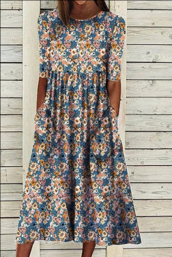Women's Floral Short-Sleeve Tiered Fall Midi Dress