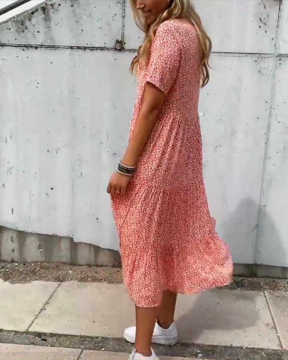 Women's Floral Short Sleeve Tiered Fall Midi Dress