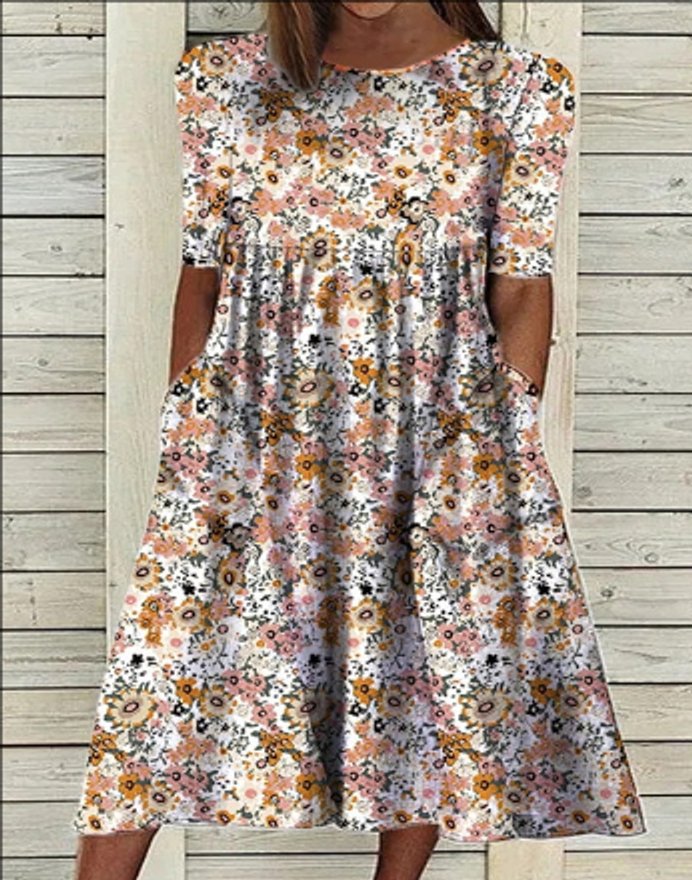 Women's Floral Short-Sleeve Tiered Fall Midi Dress