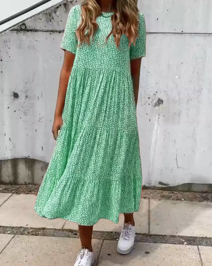 Women's Floral Short Sleeve Tiered Fall Midi Dress