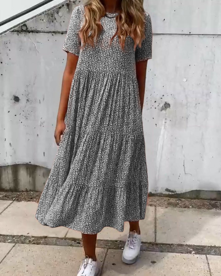 Women's Floral Short Sleeve Tiered Fall Midi Dress