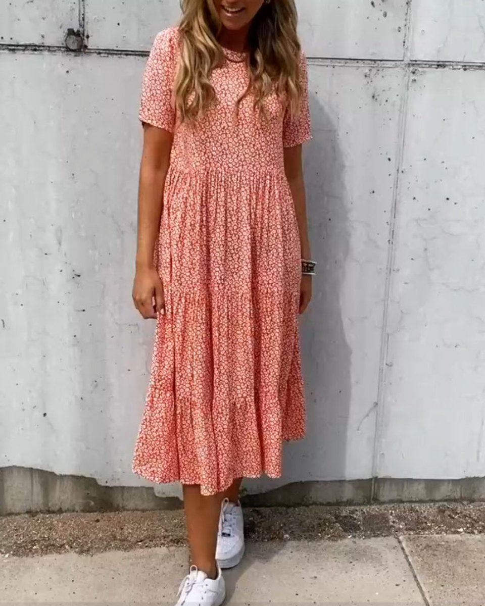 Women's Floral Short Sleeve Tiered Fall Midi Dress