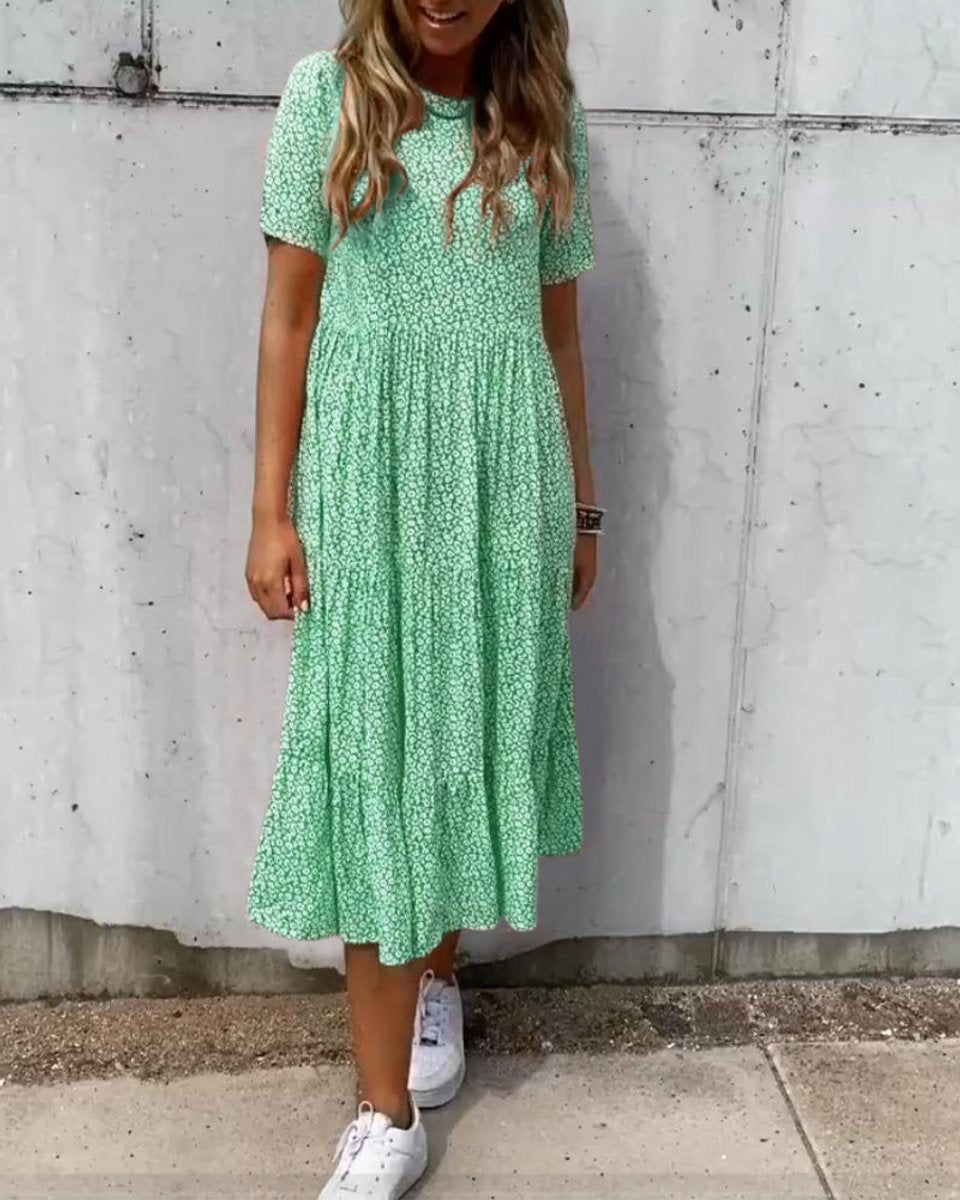 Women's Floral Short Sleeve Tiered Fall Midi Dress
