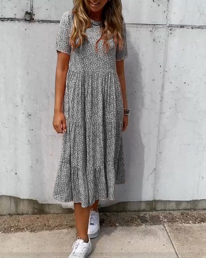 Women's Floral Short Sleeve Tiered Fall Midi Dress