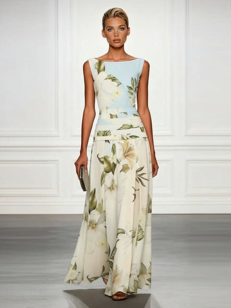 Women's Floral Sleeveless Boatneck Fall Wedding Guest Dress Maxi