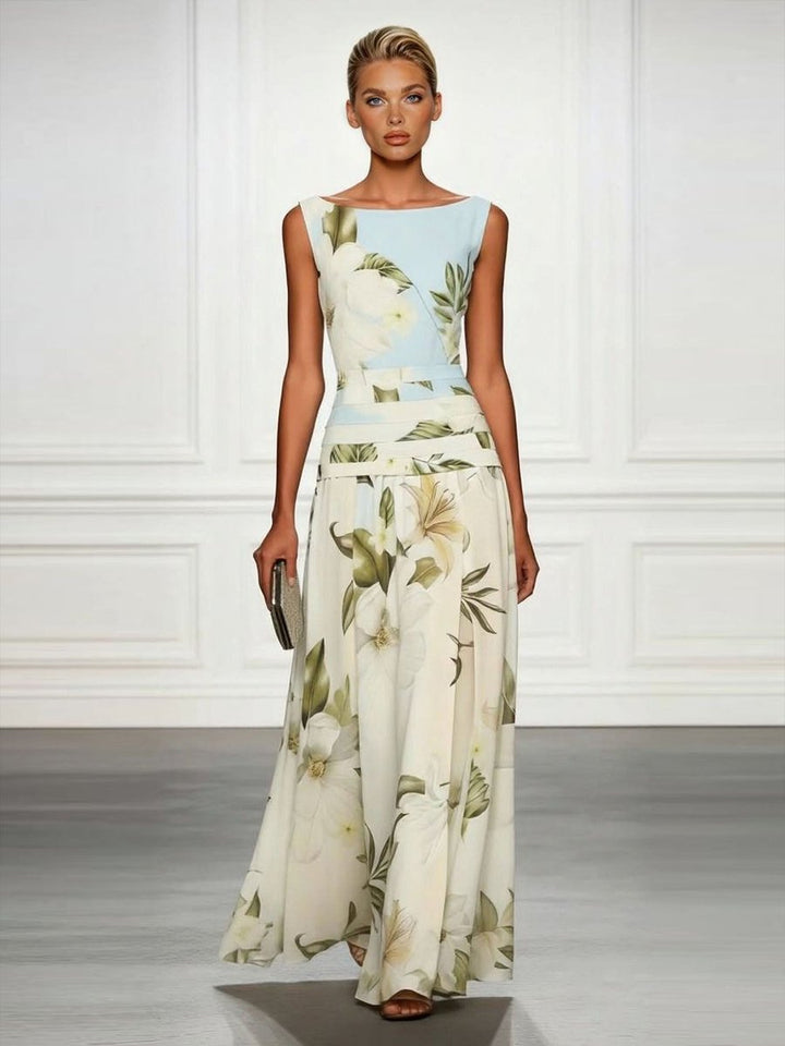 Women's Floral Sleeveless Boatneck Fall Wedding Guest Dress Maxi
