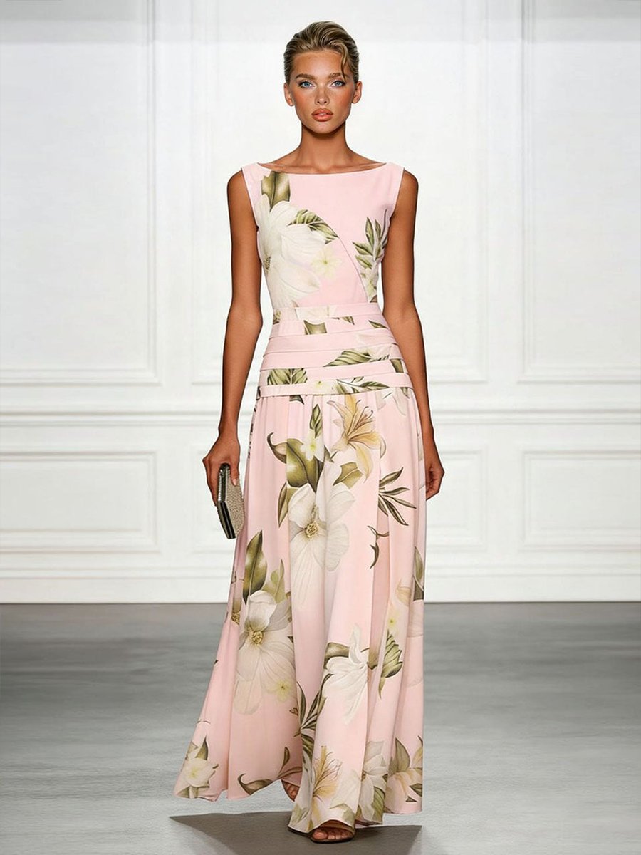 Women's Floral Sleeveless Boatneck Fall Wedding Guest Dress Maxi