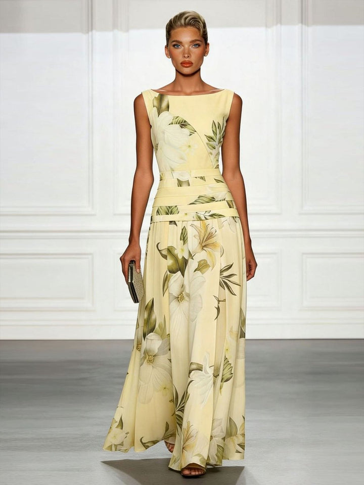 Women's Floral Sleeveless Boatneck Fall Wedding Guest Dress Maxi