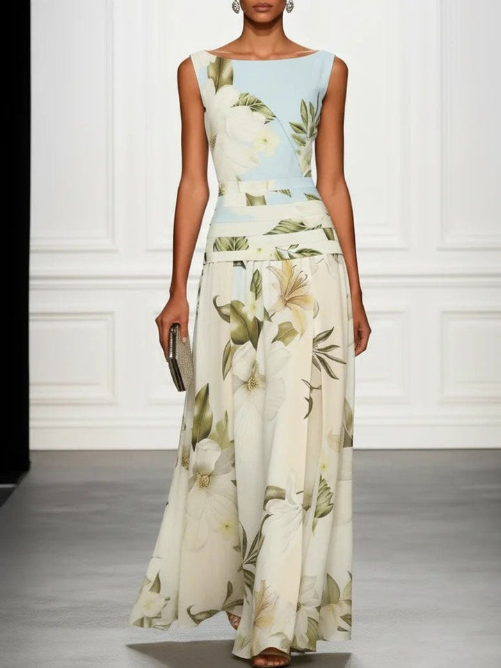 Women's Floral Sleeveless Boatneck Fall Wedding Guest Dress Maxi