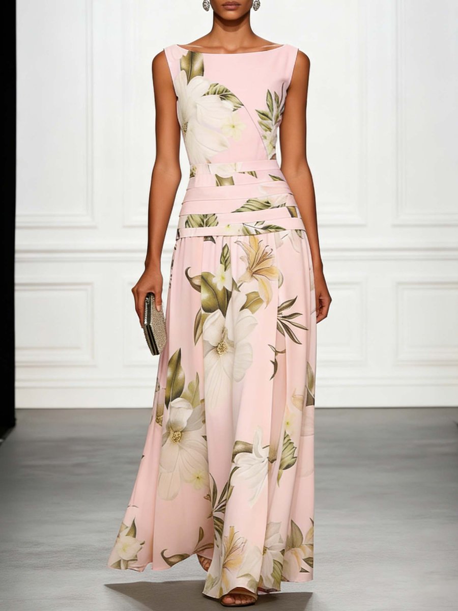 Women's Floral Sleeveless Boatneck Fall Wedding Guest Dress Maxi