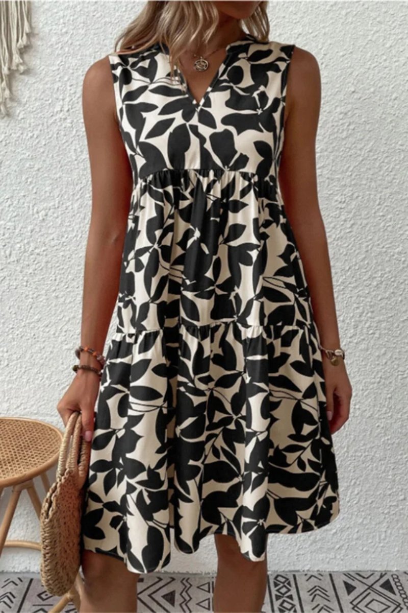 Women's Floral Sleeveless Tiered Fall Midi Dress V-Neck