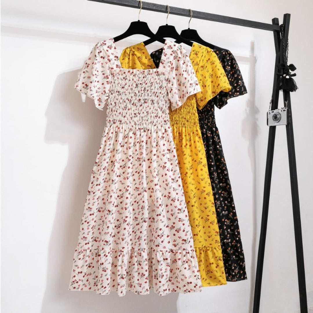 Women's Floral Smocked-Bodice Puff-Sleeve Fall Midi Dress