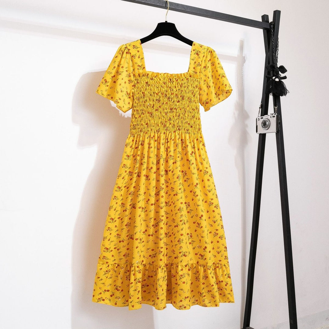 Women's Floral Smocked-Bodice Puff-Sleeve Fall Midi Dress