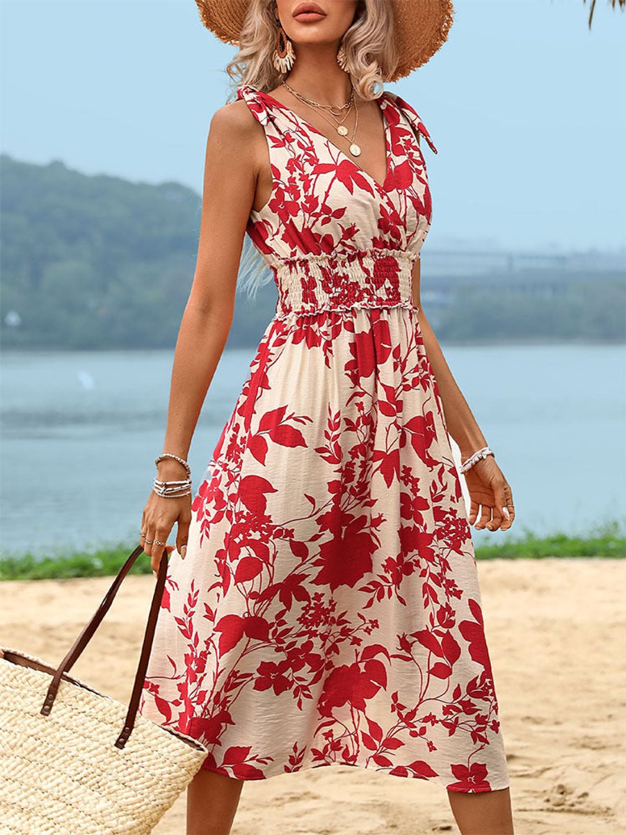 Women's Floral Smocked-Waist V-Neck Fall Midi Dress