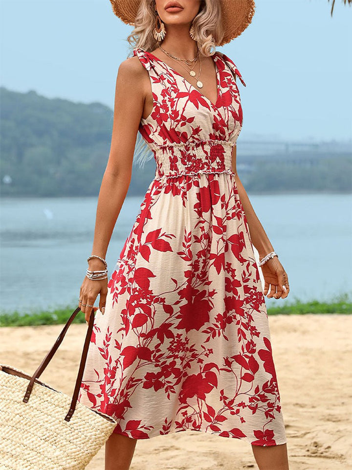 Women's Floral Smocked-Waist V-Neck Fall Midi Dress