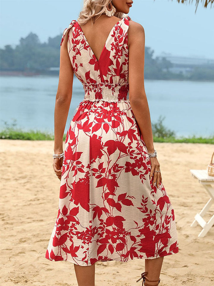 Women's Floral Smocked-Waist V-Neck Fall Midi Dress