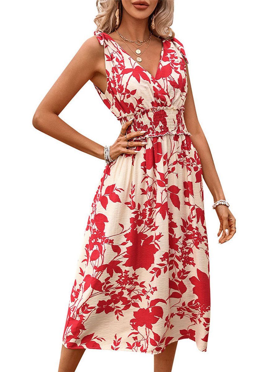 Women's Floral Smocked-Waist V-Neck Fall Midi Dress