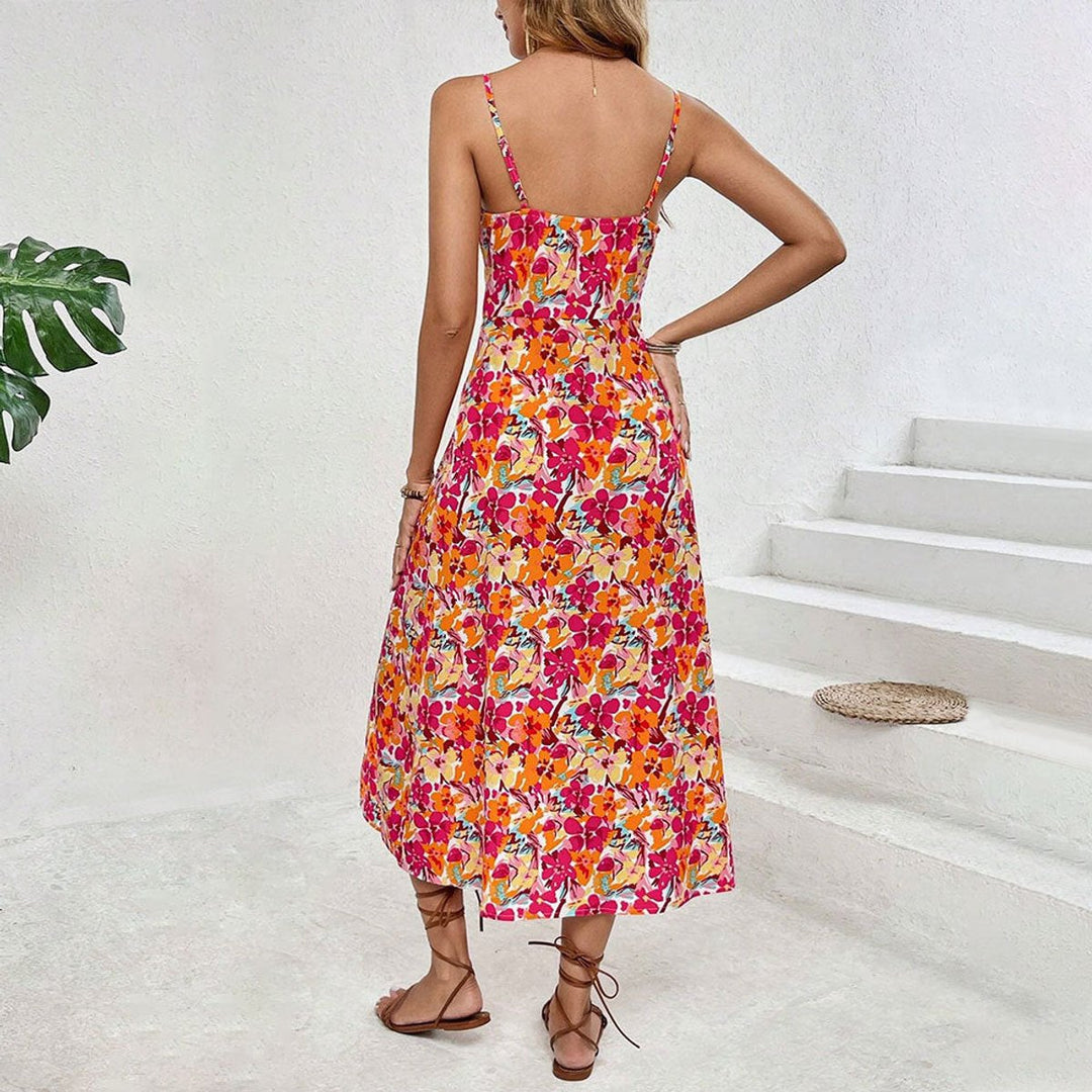Women's Floral Spaghetti-Strap High-Slit Fall Midi Dress