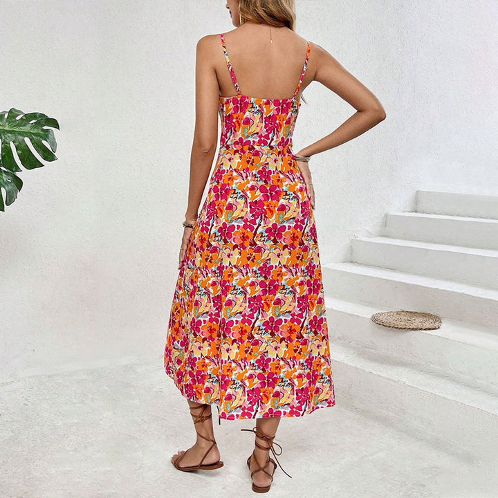 Women's Floral Spaghetti-Strap High-Slit Fall Midi Dress