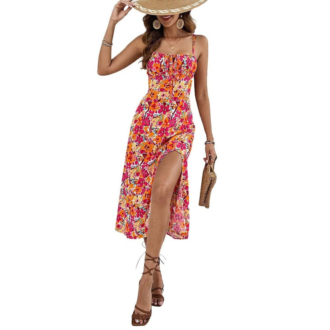 Women's Floral Spaghetti-Strap High-Slit Fall Midi Dress