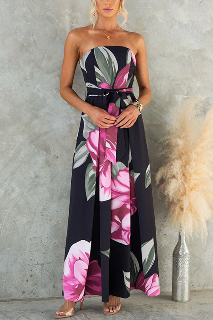 Women's Floral Strapless Fall Wedding Guest Dress Wide-Leg Jumpsuit