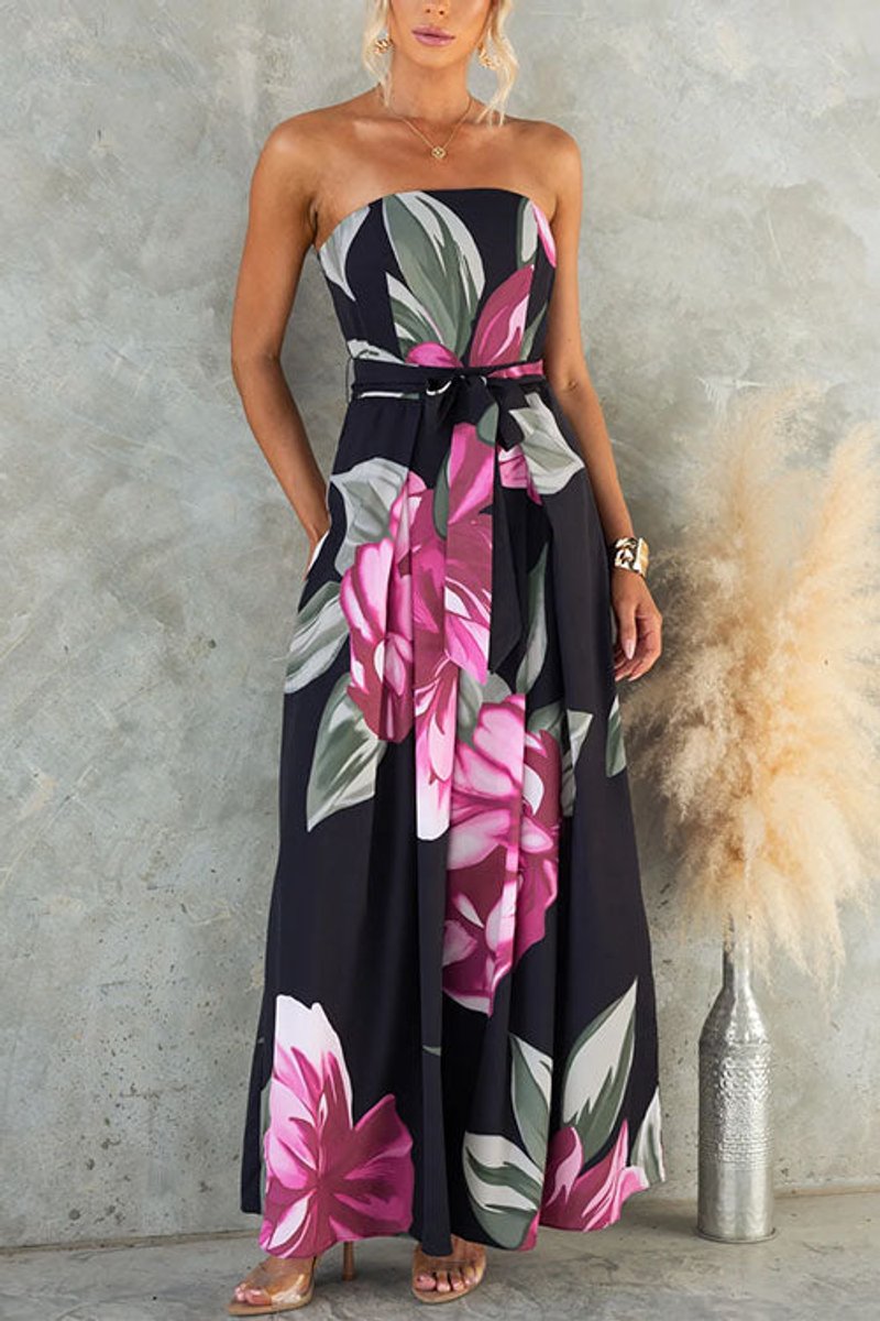 Women's Floral Strapless Fall Wedding Guest Dress Wide-Leg Jumpsuit