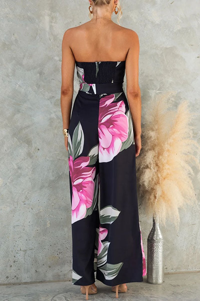 Women's Floral Strapless Fall Wedding Guest Dress Wide-Leg Jumpsuit