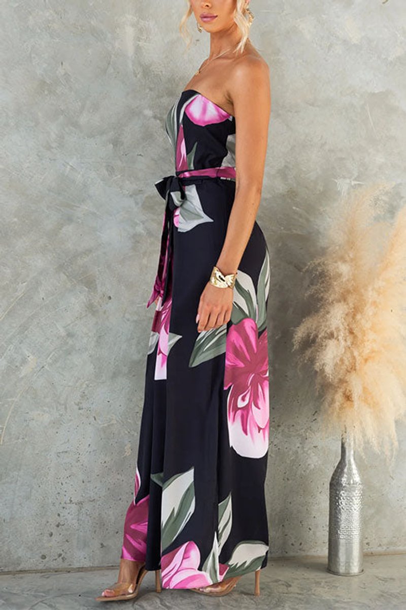 Women's Floral Strapless Fall Wedding Guest Dress Wide-Leg Jumpsuit