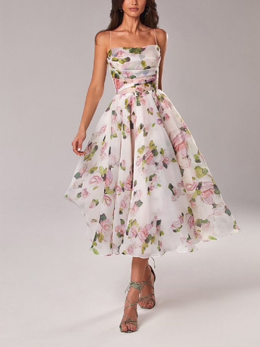 Women's Floral Swing Midi Fall Wedding Guest Dress Spaghetti Strap