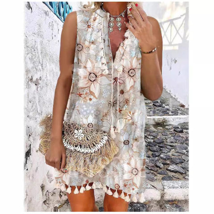 Women's Floral Tassel-Hem Sleeveless V-Neck Fall Midi Dress