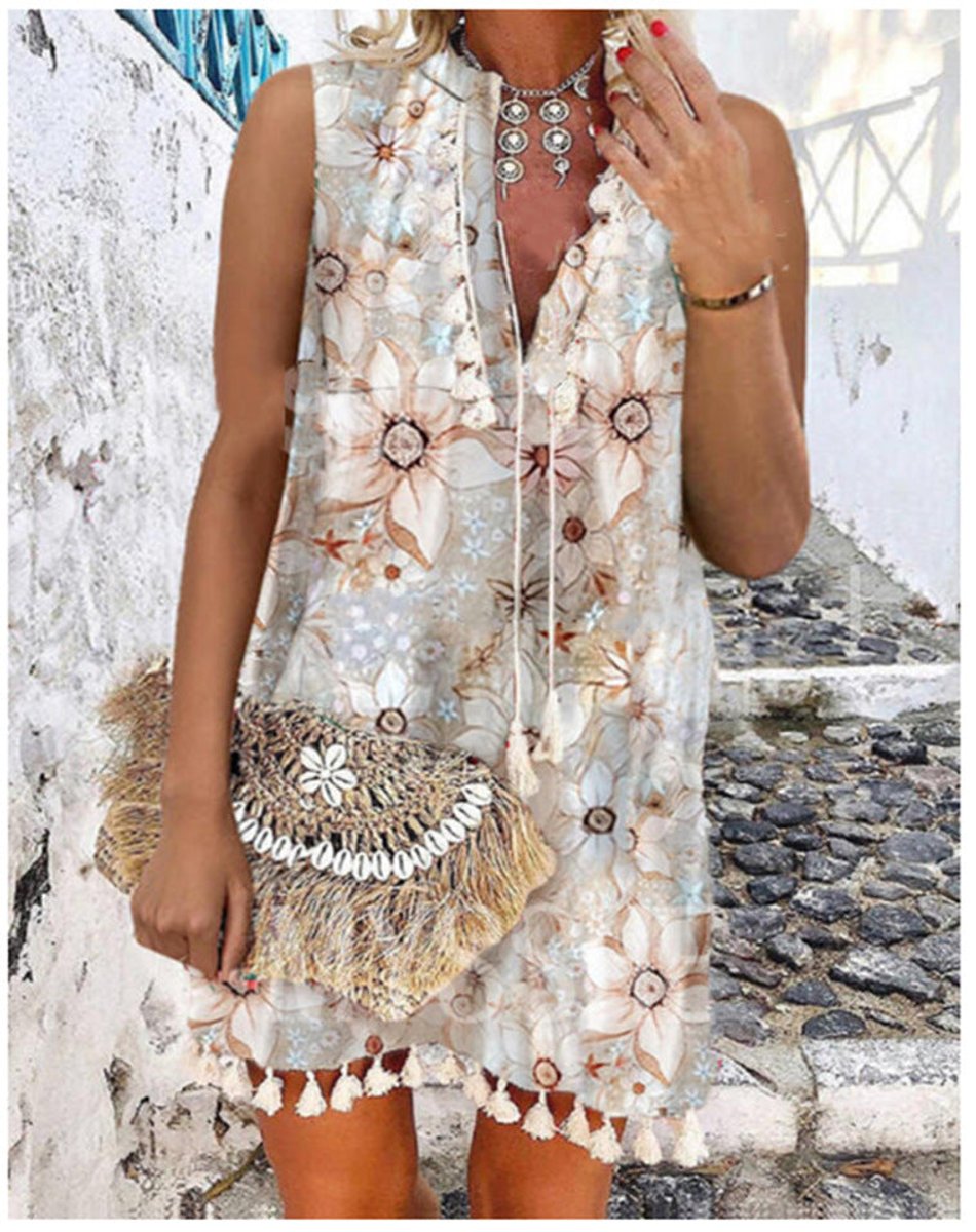 Women's Floral Tassel-Hem Sleeveless V-Neck Fall Midi Dress
