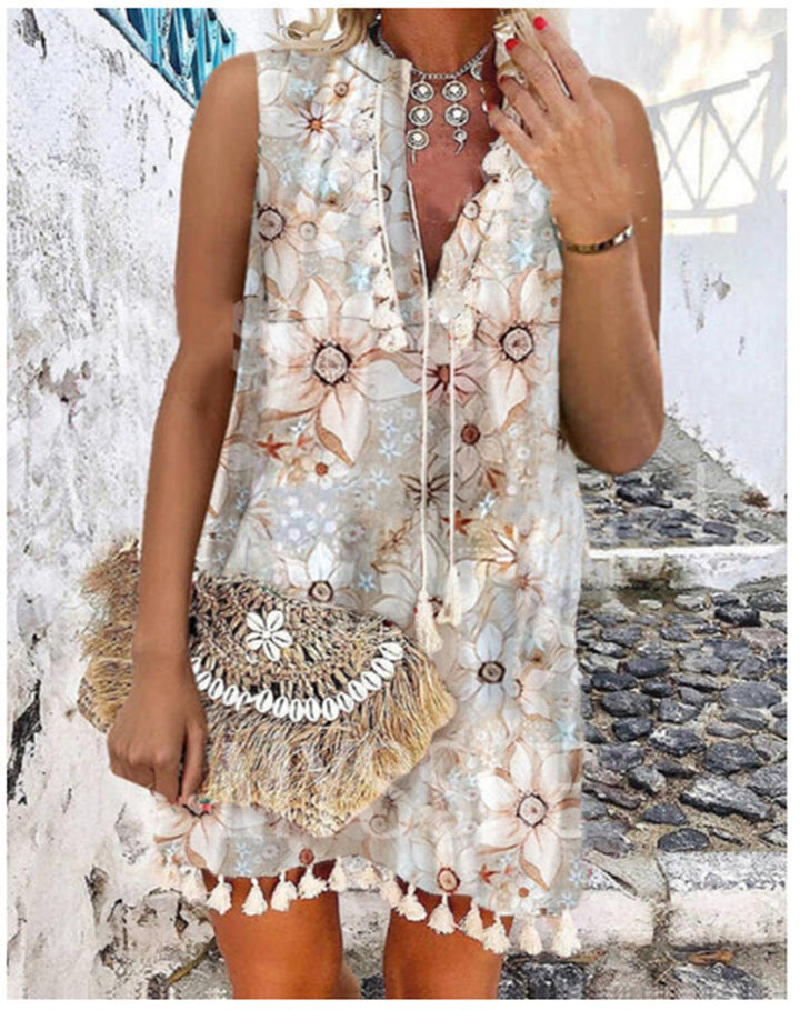 Women's Floral Tassel-Hem Sleeveless V-Neck Fall Midi Dress