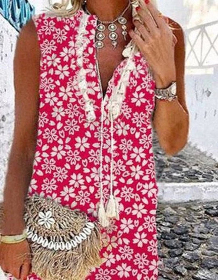 Women's Floral Tassel-Hem Sleeveless V-Neck Fall Midi Dress