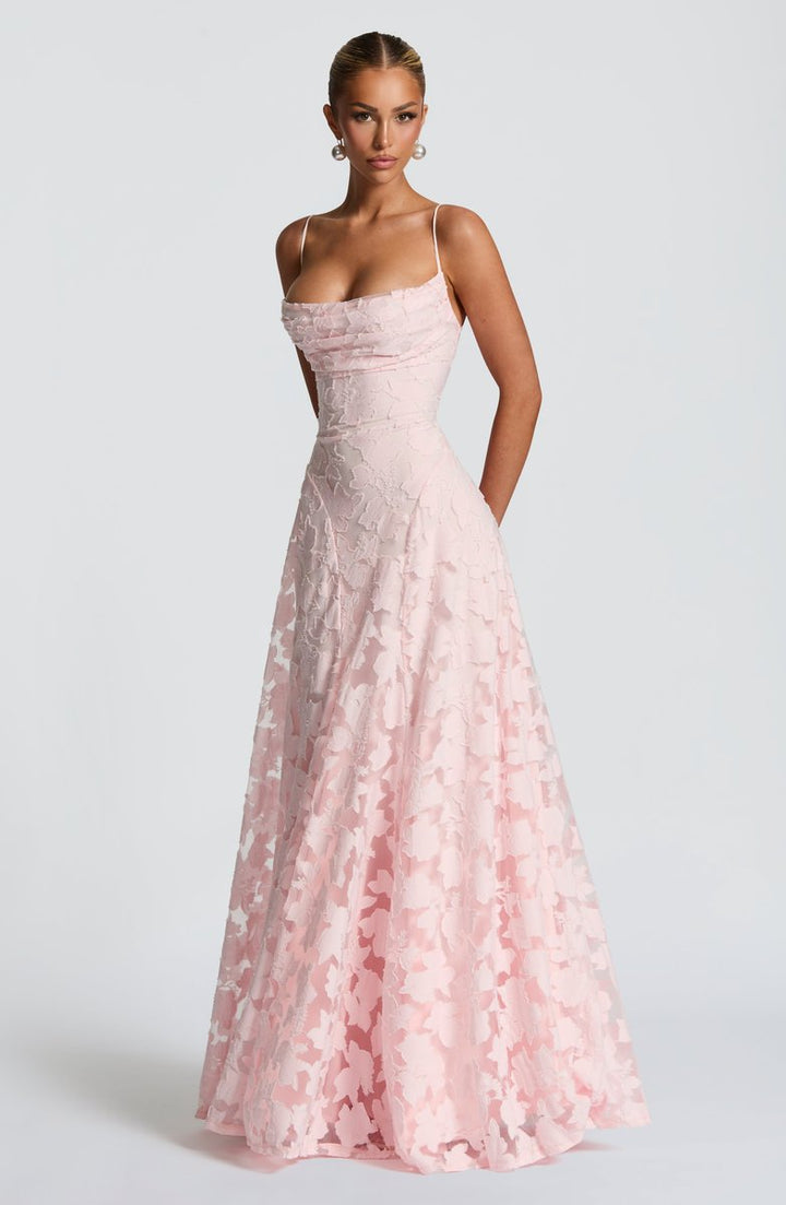 Women's Floral Textured Corset Maxi Formal Dress Spaghetti Strap A-Line Gown
