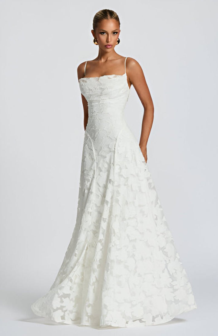 Women's Floral Textured Corset Maxi Formal Dress Spaghetti Strap A-Line Gown