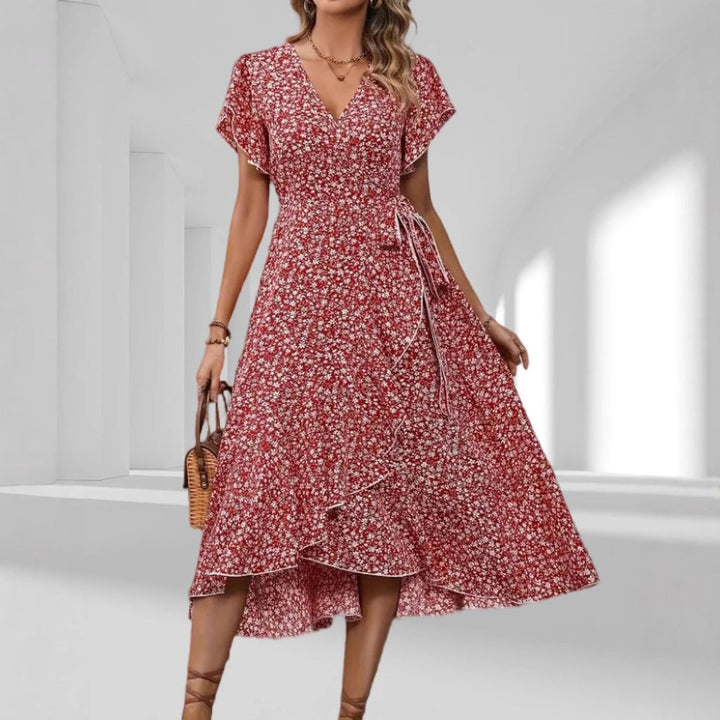 Women's Floral Tiered Fall Midi Dress V-Neck Wrap Tie Waist