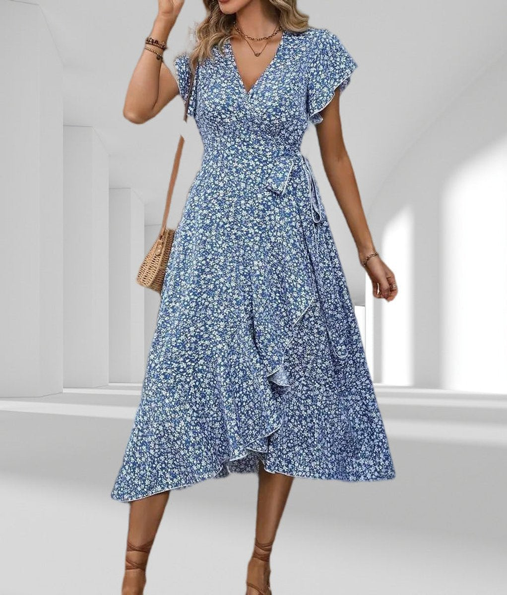 Women's Floral Tiered Fall Midi Dress V-Neck Wrap Tie Waist