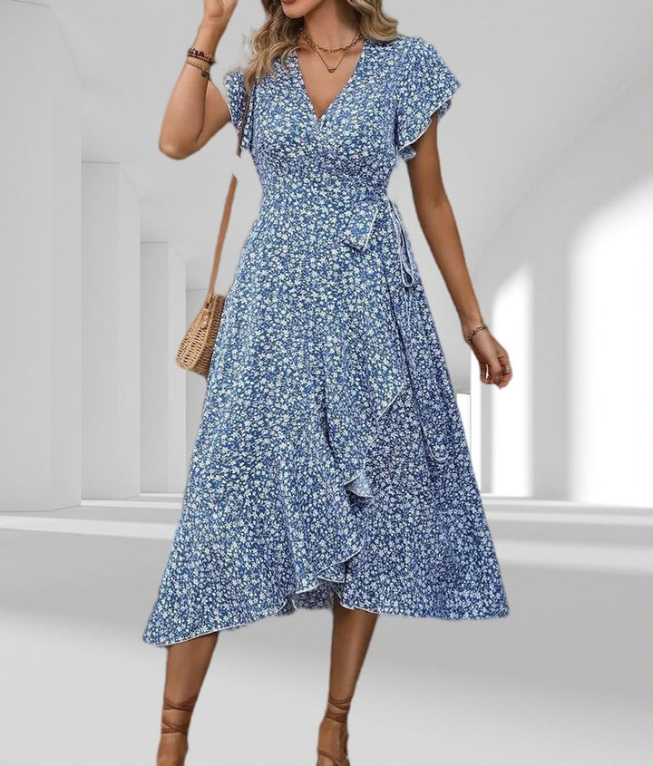 Women's Floral Tiered Fall Midi Dress V-Neck Wrap Tie Waist