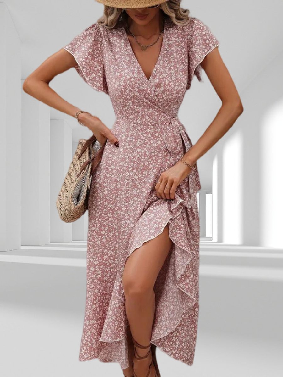 Women's Floral Tiered Fall Midi Dress V-Neck Wrap Tie Waist