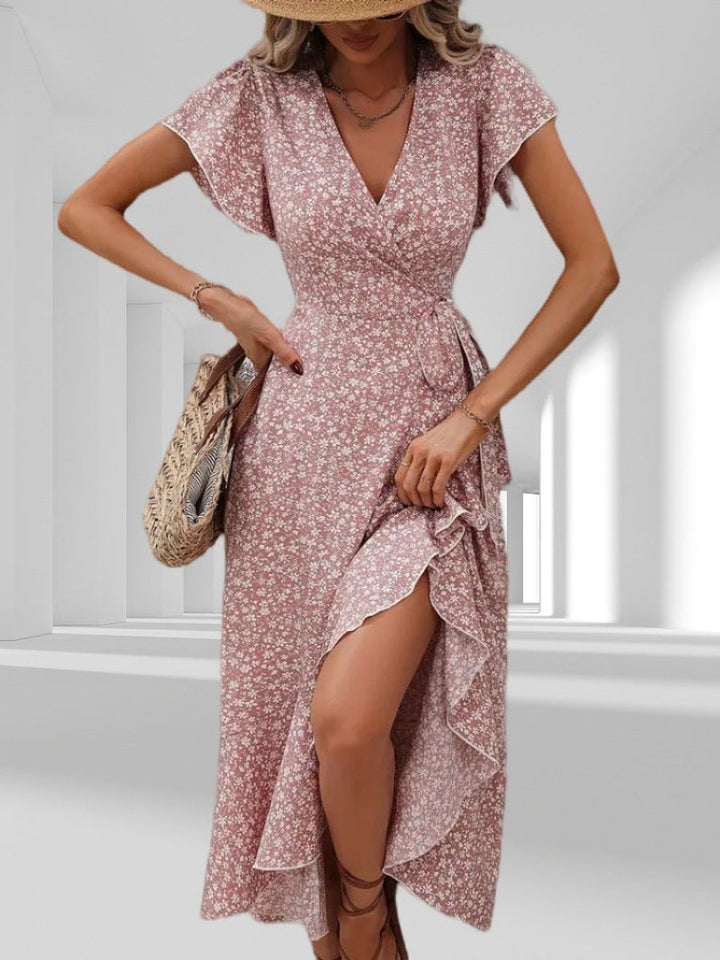 Women's Floral Tiered Fall Midi Dress V-Neck Wrap Tie Waist