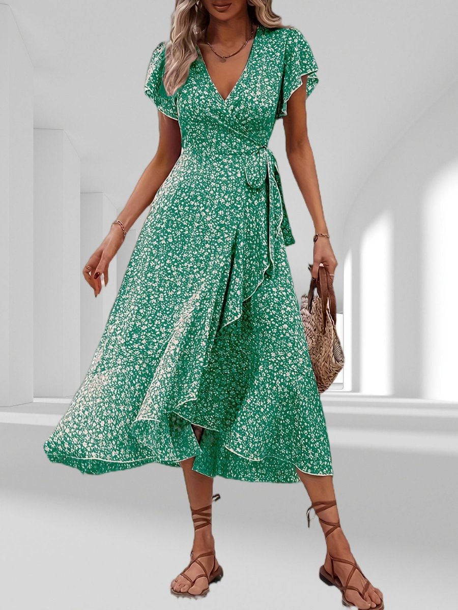 Women's Floral Tiered Fall Midi Dress V-Neck Wrap Tie Waist