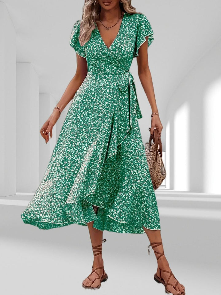 Women's Floral Tiered Fall Midi Dress V-Neck Wrap Tie Waist