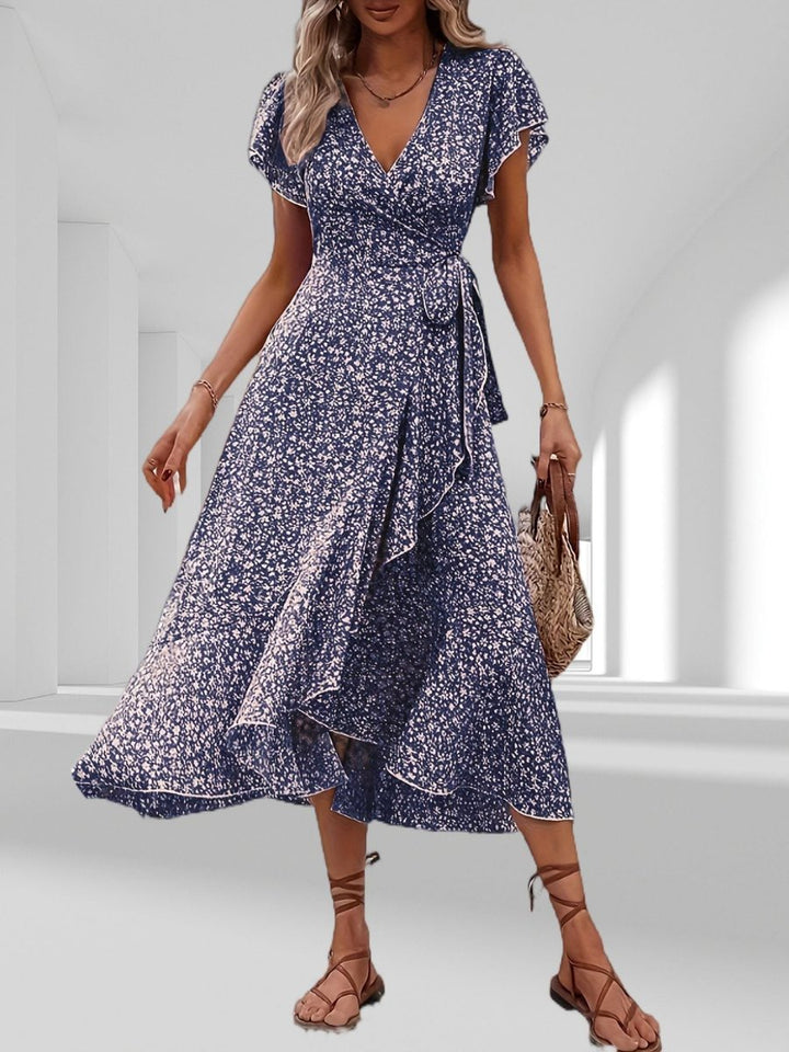 Women's Floral Tiered Fall Midi Dress V-Neck Wrap Tie Waist