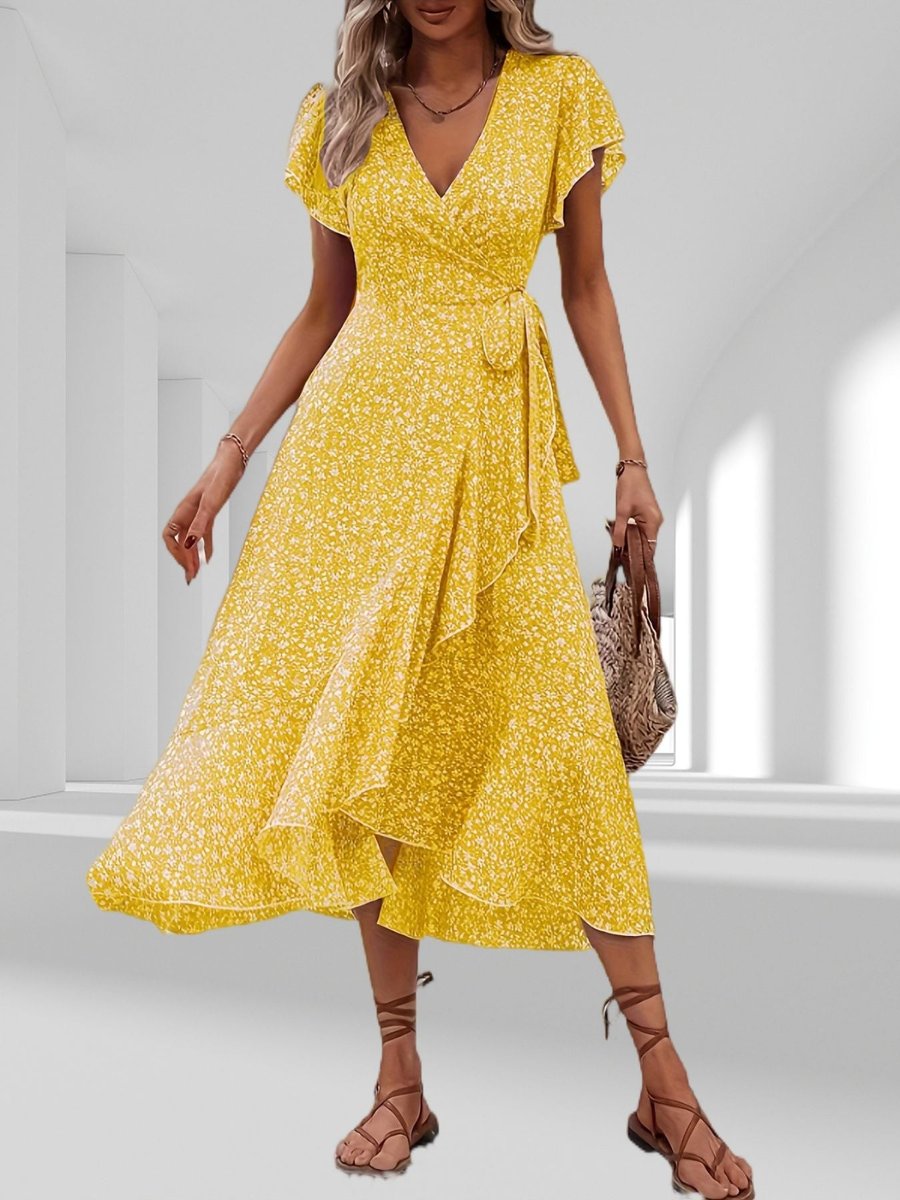 Women's Floral Tiered Fall Midi Dress V-Neck Wrap Tie Waist