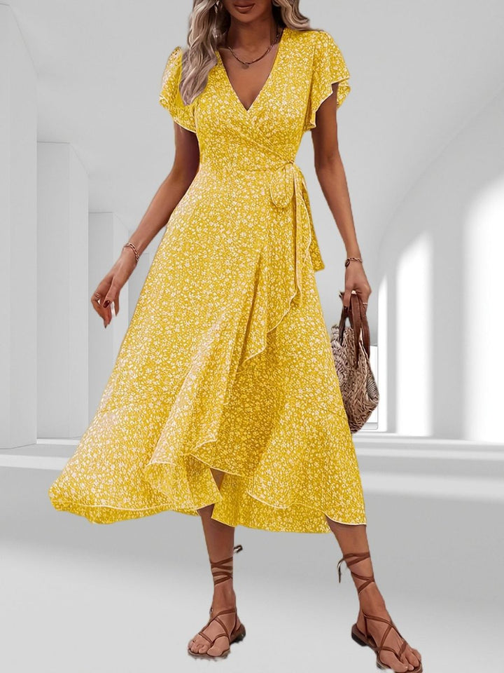 Women's Floral Tiered Fall Midi Dress V-Neck Wrap Tie Waist