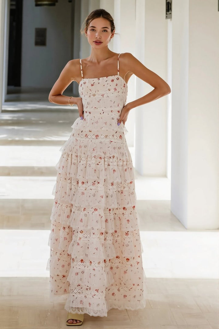 Women's Floral Tiered Lace Fall Wedding Guest Dress Maxi