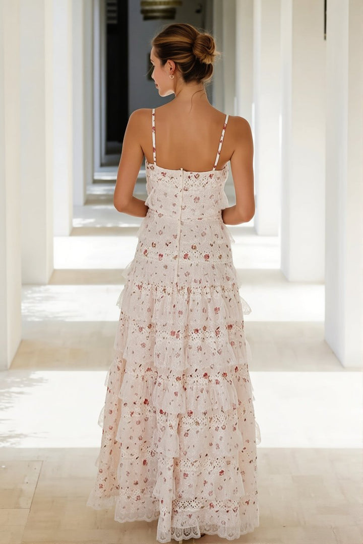 Women's Floral Tiered Lace Fall Wedding Guest Dress Maxi